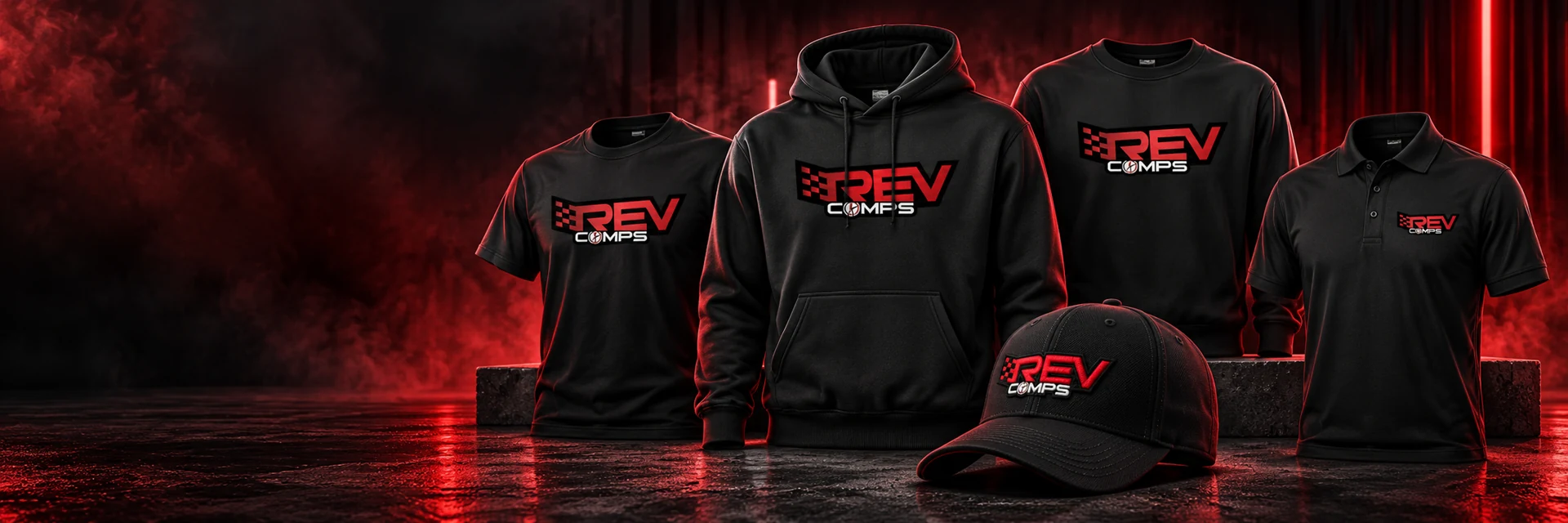 Black Rev Comps hoodie, T-shirt, sweatshirt, polo and cap with red and white branding